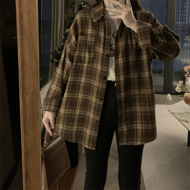 Women's Oversized Casual Long-Sleeve Checkered Shirt with Polo Collar, Vintage American Style, 2024 New Arrival Outerwear
