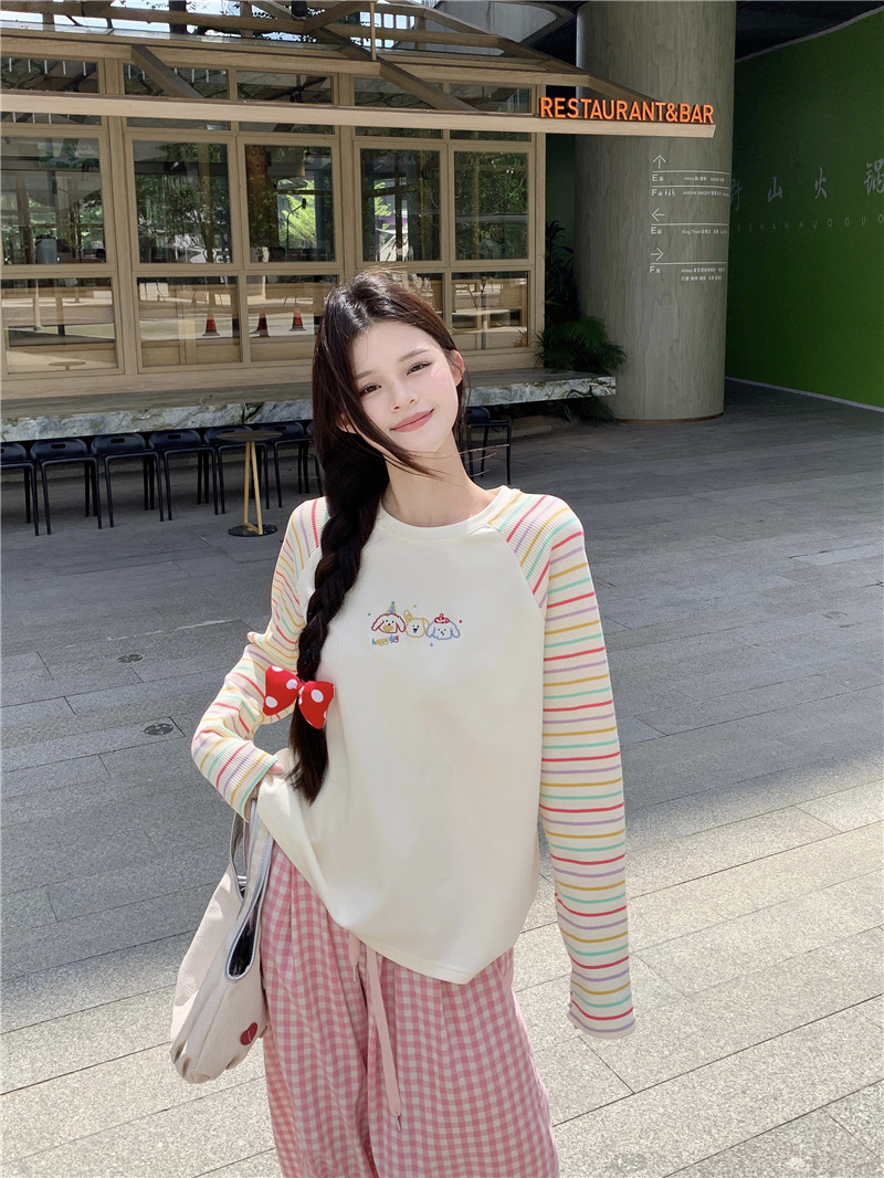 彩虹條紋長袖t恤女秋季ins風百搭上衣打底衫實拍