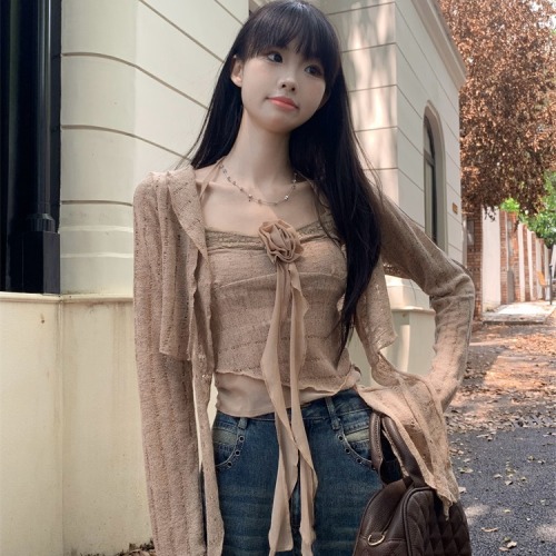 Real shot of ruffled long-sleeved top for women autumn halterneck rose camisole cardigan two-piece set 8311