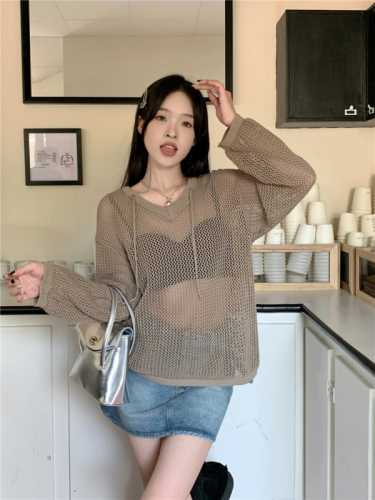 Actual shot of early autumn new design hooded hollow drawstring long-sleeved sweater tops and jackets for women