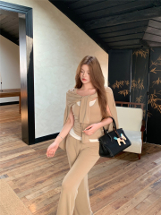 實拍 V領寬鬆休閒針織開衫吊帶背心疊穿微喇休閒褲三件套裝女