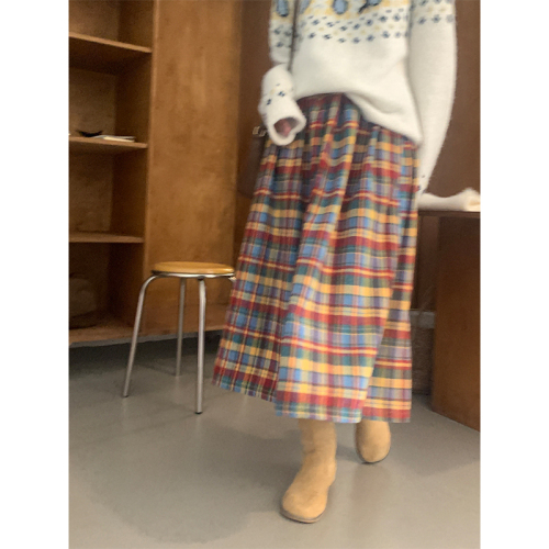 Xinbangbang homemade New Year rainbow color plaid skirt 2024 new style retro college style high waist mid-length style