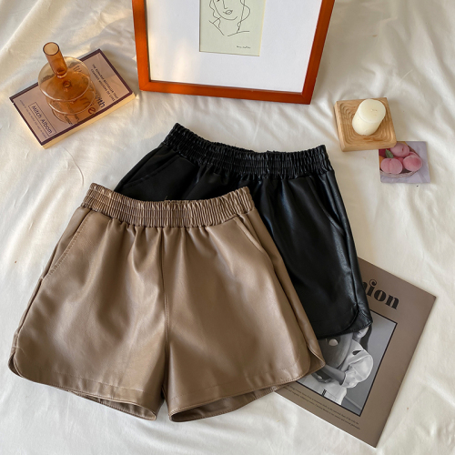 Actual shot of new autumn and winter Korean style high-waist slim PU leather versatile casual wide-leg shorts for women