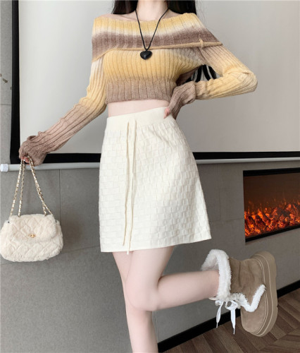 Actual shot of 2024 autumn and winter new plaid knitted skirt high-waisted A-line drawstring elastic waist woolen skirt