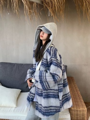 LIL CHER Plaid Hooded Padded Jacket Women's Autumn and Winter New Korean Style Loose Casual Lazy Top