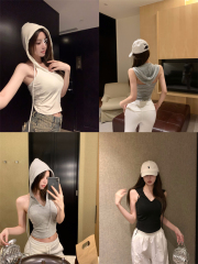 實拍~美式時髦街頭抽繩連帽小背心 免穿文胸無袖帽衫早秋新款