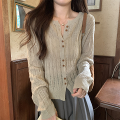 Actual shot of autumn and winter Korean style loose single-breasted hollow-out lazy temperament knitted cardigan long-sleeved jacket top