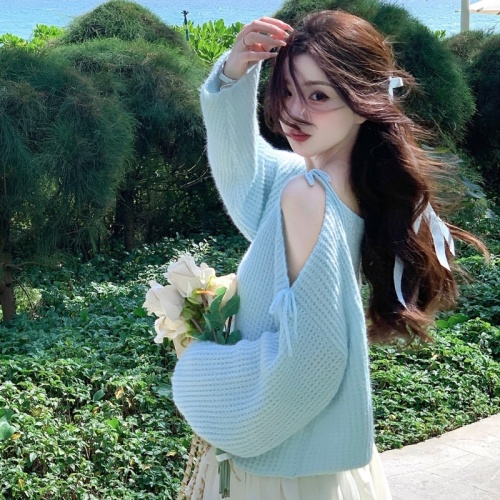 2024 new Korean style off-shoulder small fragrance soft wool mohair gentle daughter off-shoulder sweater