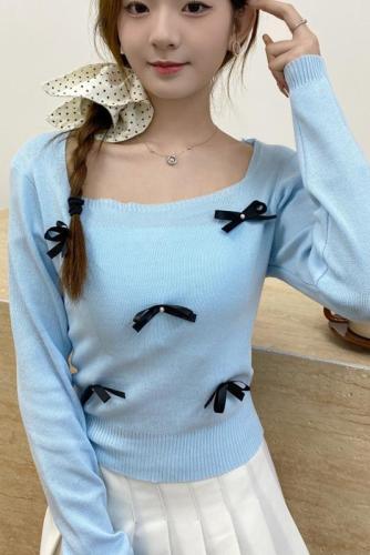 French bow beaded square neck long-sleeved knitted women's autumn design outer top, fashionable and versatile bottoming shirt