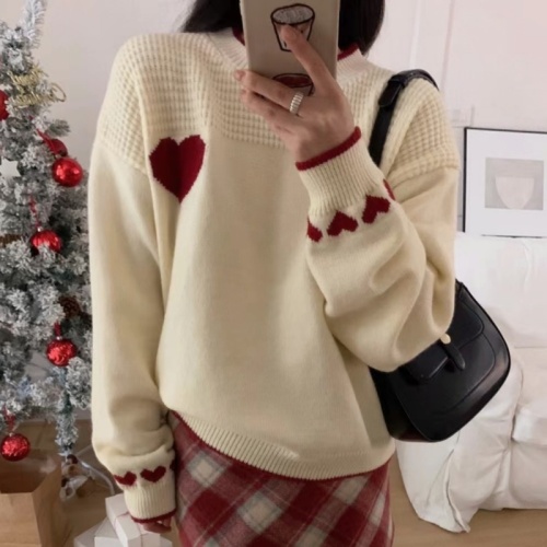 Contrast color heart-shaped sweater 2024 new autumn and winter style, fashionable and age-reducing, loose, slim and versatile