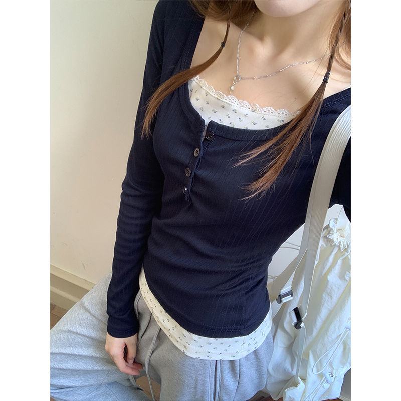 Real shot of pure desire bm style lace fake two-piece long-sleeved T-shirt in early autumn French high-end sense slim fit with sweet and spicy top