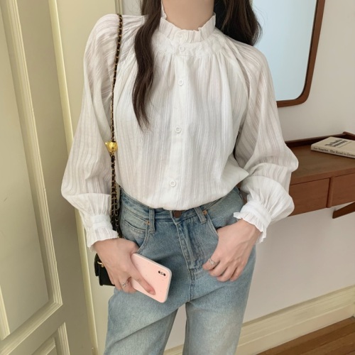 Actual shot of pure cotton, three standards, 2024 autumn French stand-up collar white shirt with earrings, women's inner wear trendy top