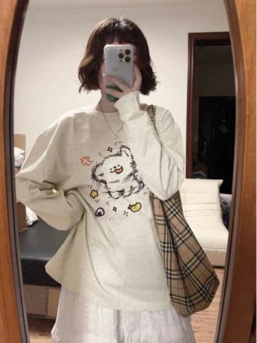 Pure cotton personalized print long-sleeve women's white color-blocked minimalist innerwear high-end base top
