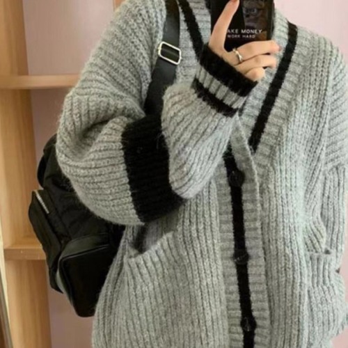 Korean style lazy college style sweater jacket for women spring and autumn loose retro striped mid-length knitted cardigan top