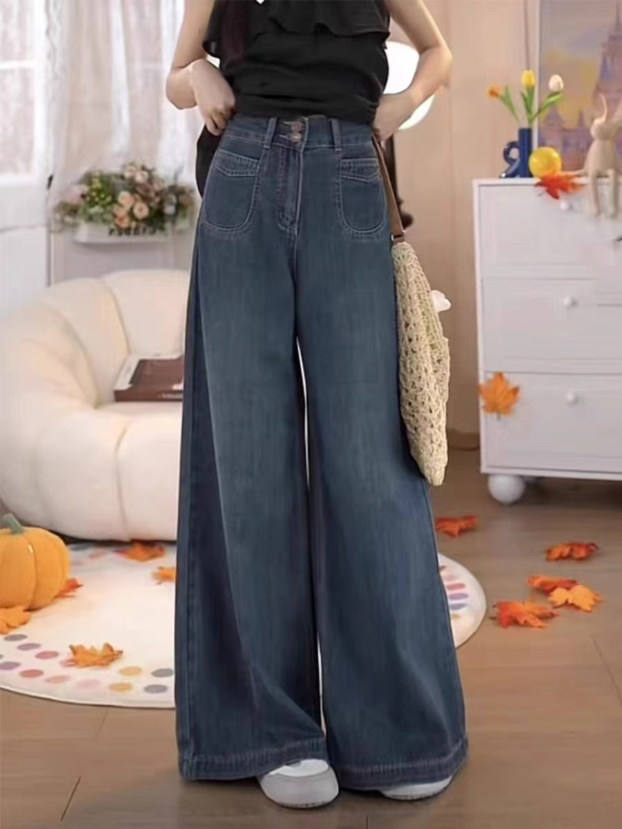 Autumn/Winter Retro High-Waist Wide Leg Straight Leg Pants Plus Size Women's Loose Floor-Length Jeans