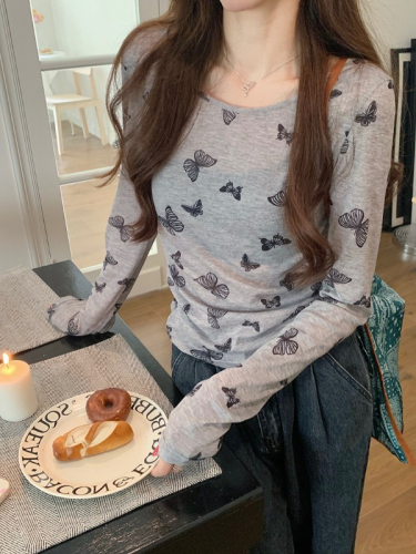 Hot Girl Gray Butterfly Print T-Shirt Women's Spring and Autumn Thin Slim Fitting Underwear Short Top 