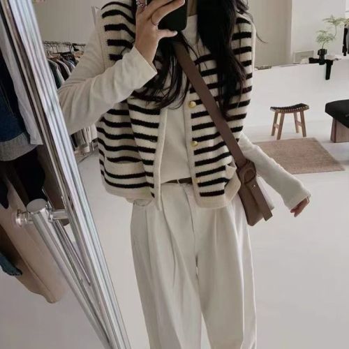 Xiaoxiangfeng black and white striped sleeveless knitted vest jacket for women spring and autumn cardigan outer wear sweater vest