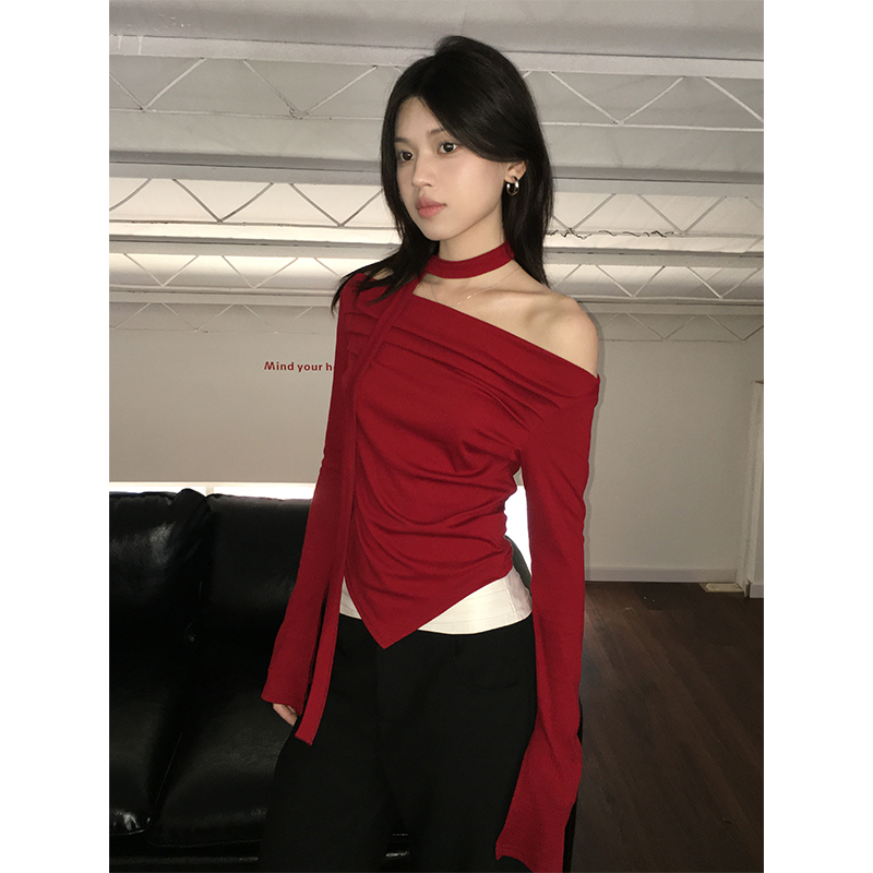 Real shot burgundy off-shoulder long-sleeved t-shirt autumn design tight pure desire sexy slimming blouse 