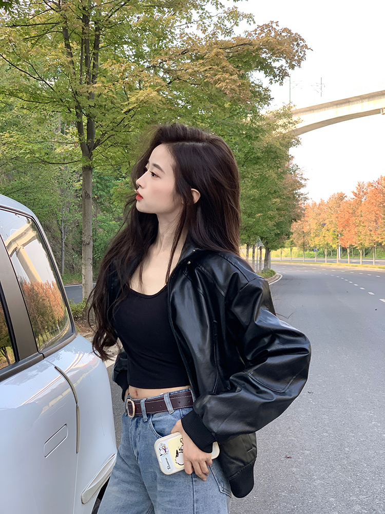 Actual shot ~ Retro casual black leather jacket for women, loose and slim pu leather personality jacket motorcycle top