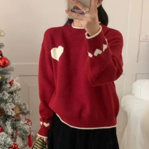 Contrast color heart-shaped sweater 2024 new autumn and winter style, fashionable and age-reducing, loose, slim and versatile