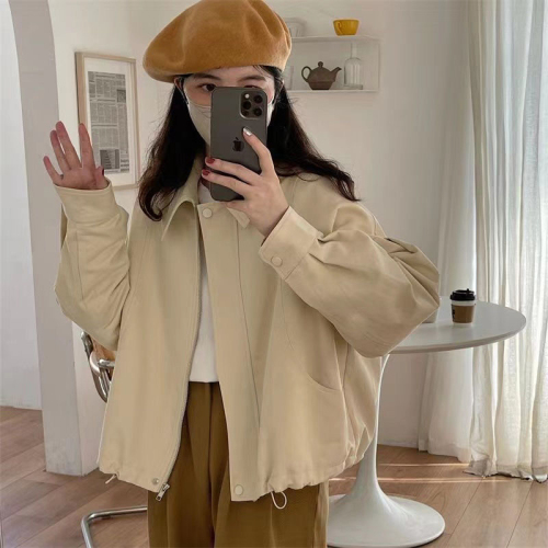 2024 New Autumn Dongdaemun New Korean Style Simple Drawstring Retro Lapel Loose Thin Jacket Solid Color Jacket for Women