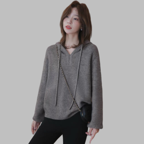Xiaoguoli hooded sweater for women 2024 autumn and winter new fashion textured V-neck loose lazy style long-sleeved knitted