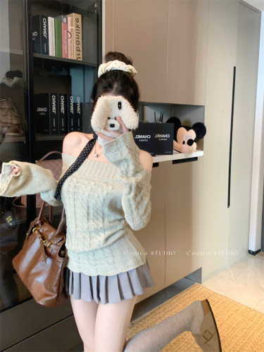 Actual shot of one-shoulder long-sleeved sweater top for women with scarf