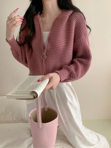 Korean chic college style lazy style loose and versatile zipper lapel sweater jacket for women all-match knitted cardigan