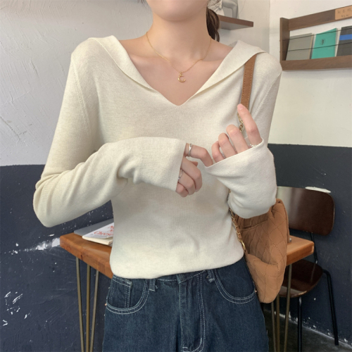 Actual shot of autumn and winter Korean style slim-fitting lapel, versatile, slimming 6 wool knitted long-sleeved bottoming shirt top