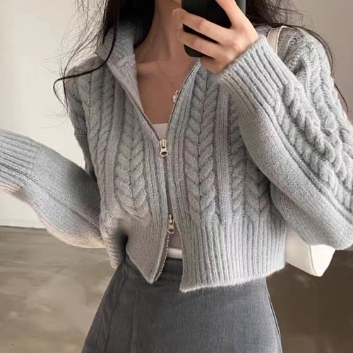 Korean version INS autumn and winter new style retro temperament student double zipper twist sweater jacket women's knitted cardigan