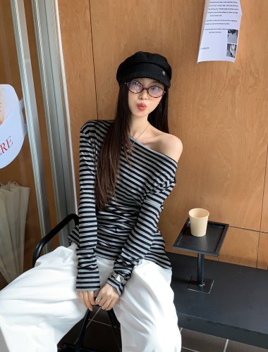 Actual shot Korean retro design slanted shoulder Tencel cotton striped T-shirt