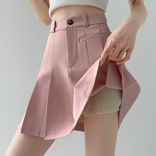 Real shot of dark gray skirt for women to look slim spring and autumn college style summer suit skirt jk short skirt a fake two-piece skirt