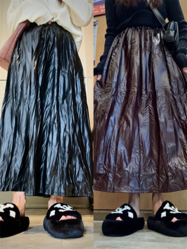 Actual shot ~ Autumn and winter lazy style high-end PU leather pleated high-waisted half dress