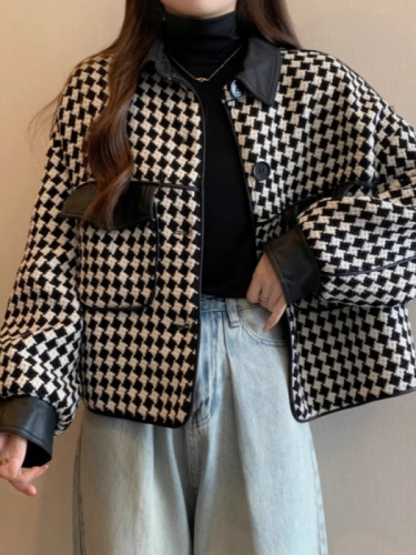 Women's houndstooth small fragrant style coat autumn new fat girl high-end fashion loose and slim short leather jacket