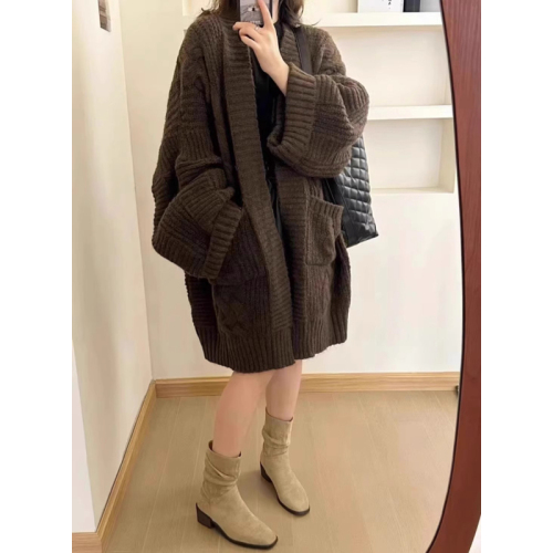 Korean Sweater Lazy Style 2024 Loose Knitted Sweater Cardigan Women's Jacket Mid-Length Thickened Autumn and Winter Outerwear