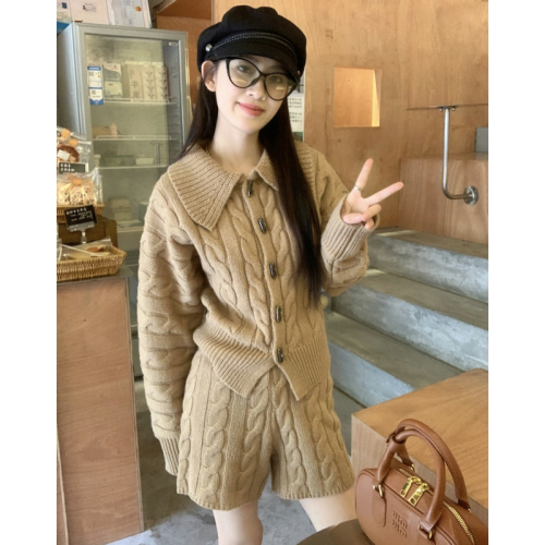 Korean new style lapel twist horn button knitted suit thickened sweater suit two-piece set