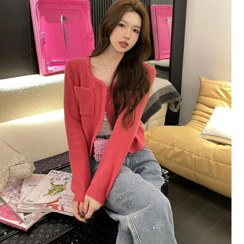 Korean style short-sleeved twist knitted cardigan with small fragrance design and long-sleeved pink knitted sweater