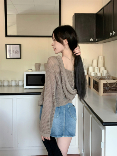 Actual shot of early autumn new design hooded hollow drawstring long-sleeved sweater tops and jackets for women