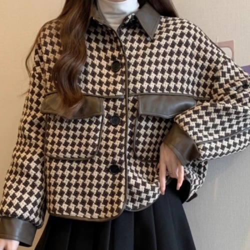 Women's houndstooth small fragrant style coat autumn new fat girl high-end fashion loose and slim short leather jacket