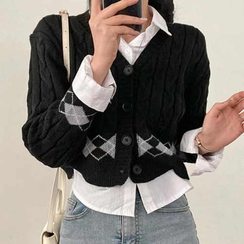 Plaid hemp pattern low-neck single-breasted cardigan top Korean style long-sleeved sweater