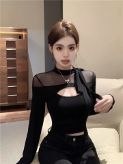 實拍！性感純欲蝴蝶結打底上衣女黑色修身內搭