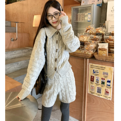 Korean new style lapel twist horn button knitted suit thickened sweater suit two-piece set