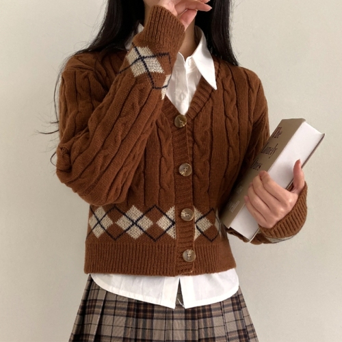 Plaid hemp pattern low-neck single-breasted cardigan top Korean style long-sleeved sweater