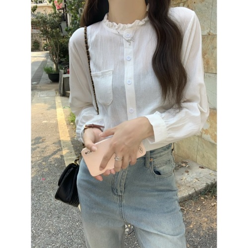 Real shot pure cotton three standards 2024 autumn retro long-sleeved shirt fashionable loose simple casual top