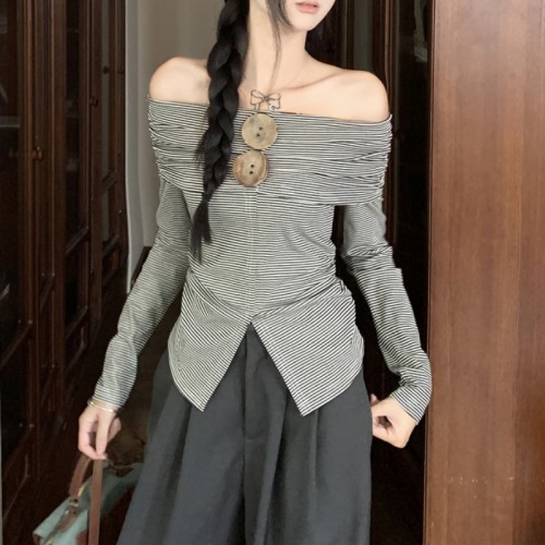 Actual shot ~ Striped off-shoulder long-sleeved T-shirt for women, autumn new design, niche slim-fit hot girl one-shoulder top