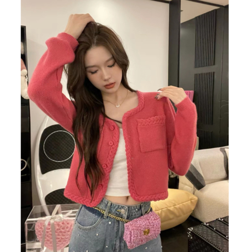 Korean style short-sleeved twist knitted cardigan with small fragrance design and long-sleeved pink knitted sweater