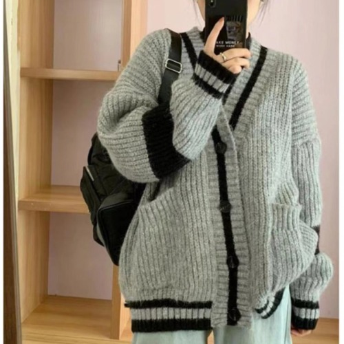 Korean style lazy college style sweater jacket for women spring and autumn loose retro striped mid-length knitted cardigan top