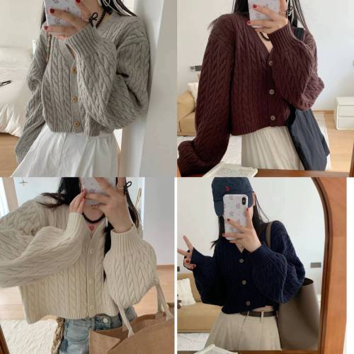 South Korea's Dongdaemun Lantern Sleeve V-neck Twist Sweater Jacket Short Outerwear Women's Loose High Waist Knitted Cardigan