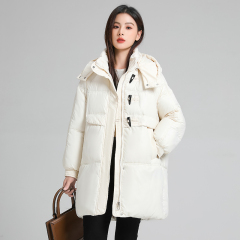 Horn button winter new mid-length down jacket Korean style loose college style small man jacket