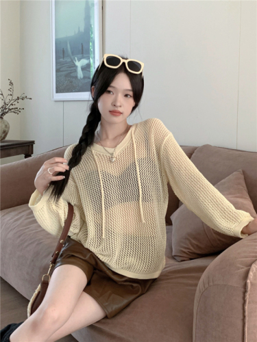 Actual shot of early autumn new design hooded hollow drawstring long-sleeved sweater tops and jackets for women